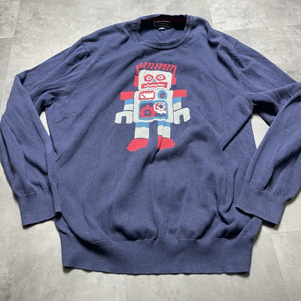 Club‎ Room Sweater Size XL Navy Blue Robot Design Pima Cotton Crew F-105